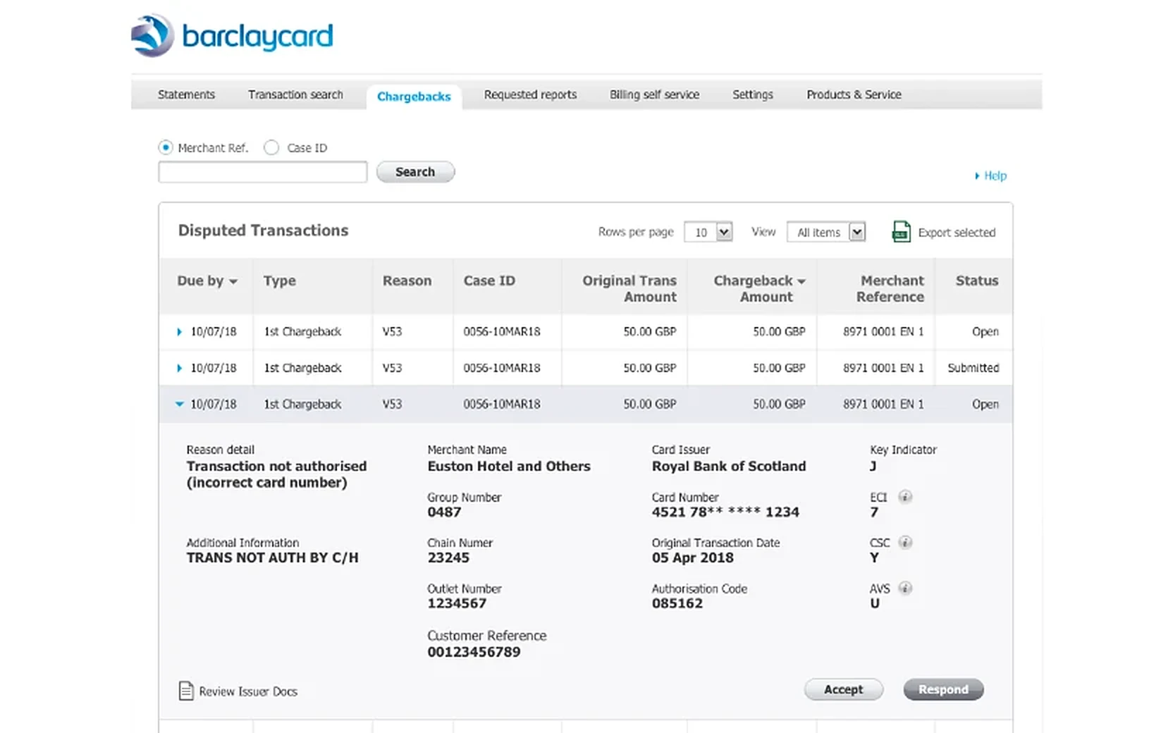Barclaycard chargebacks portal: the Disputed Transactions table with one case opened to show the merchant details and the Accept and Respond buttons