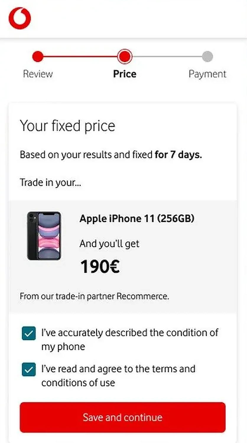 Vodafone mobile trade-in quote screen